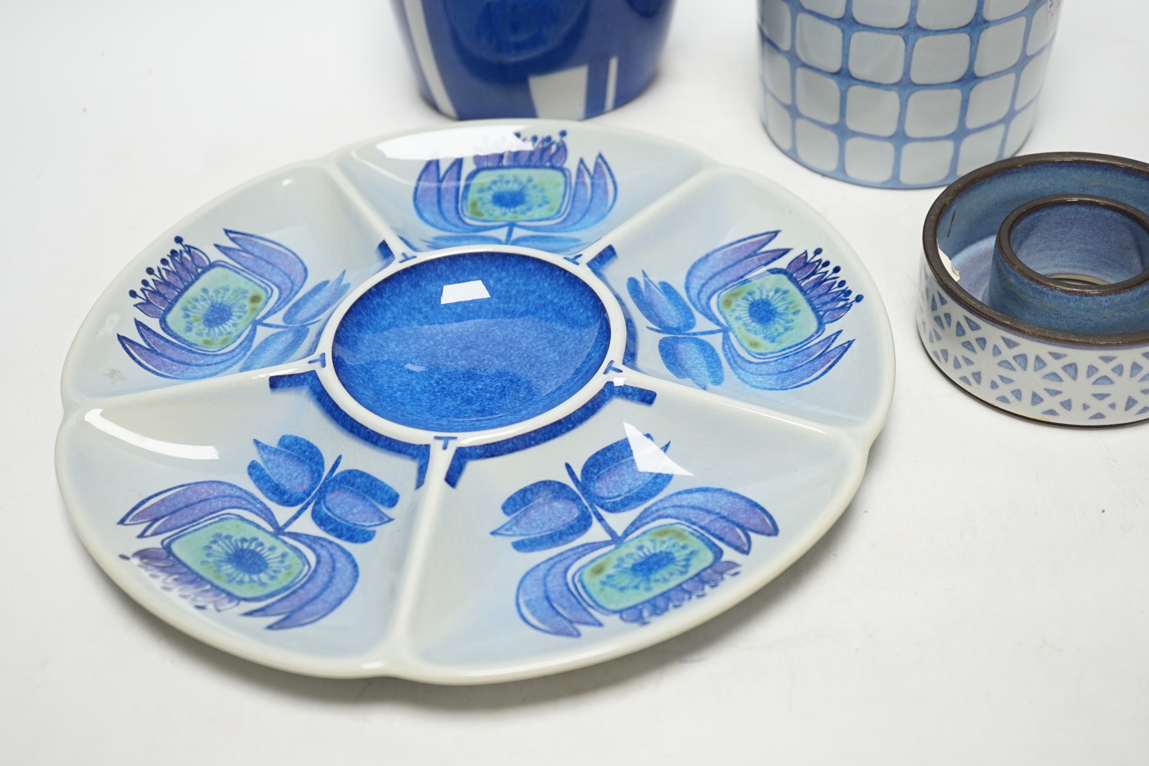 A Royal Copenhagen Alumina ware blue and white vase, a bamboo handled pot, a circular five section entre dish and shallow circular ringed vase, blue and white vase 18cm